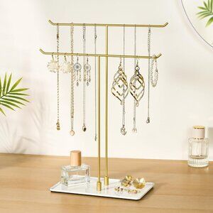 Gold minimalist necklace stand, 14.5-inch T-shape jewelry holder with 2 tiers, e